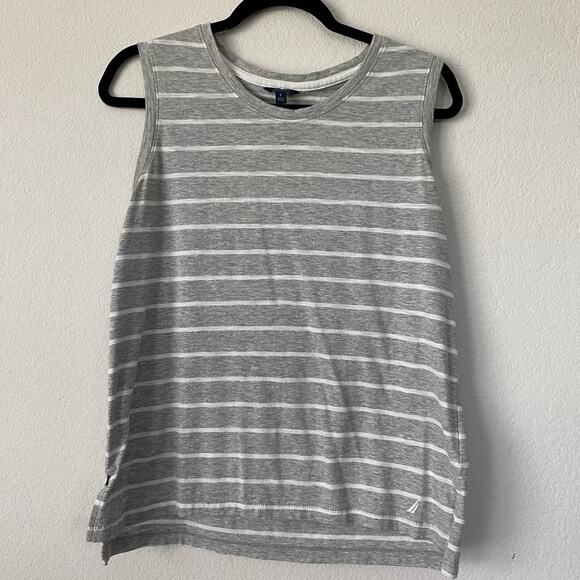 Womens Nautica Sleeveless Gray and White Striped Tank Small Coastal Beach Casual - Picture 1 of 10